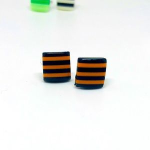 Black Multi Color Minimalist Repurposed Vintage Striped Bead Stud Earrings
